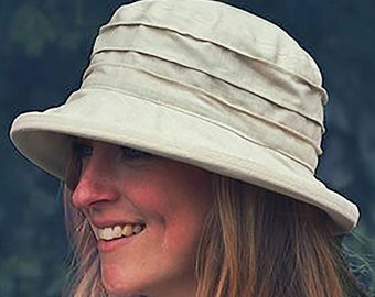 Neutral Beige Travel Hat Womens, Simple 3 Tuck Style in Cool Linen with a Shady Brim for Sun Protection, Classic Sun Hat in Pale Brown