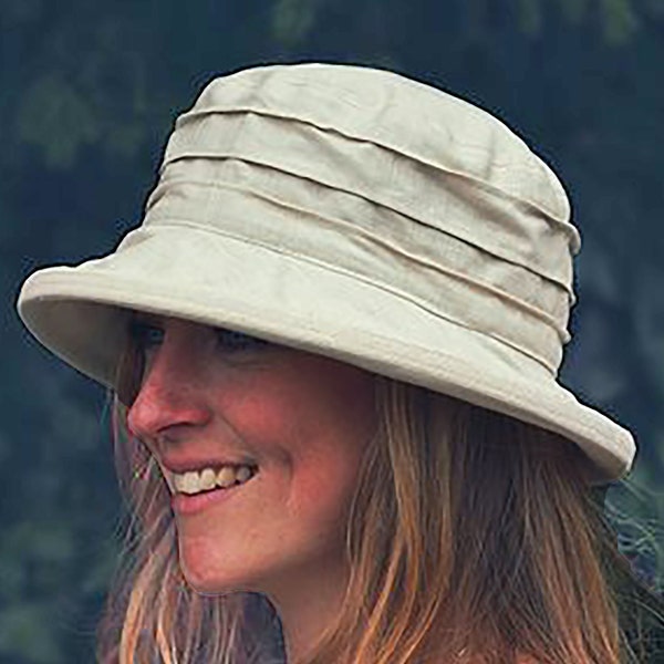 Neutral Beige Travel Hat Womens, Simple 3 Tuck Style in Cool Linen with a Shady Brim for Sun Protection, Classic Sun Hat in Pale Brown
