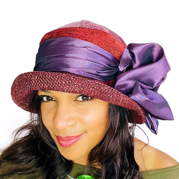 Retro Red Downton Abbey Style Hat With Dramatic Purple Silk Sash & Bow, Elegant 1920s Style Fashion Hat, Vintage Inspired One Size Fits All