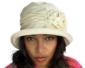Vintage Downton Abbey Style Cloche Hat with Turn Up Brim, Romance Summer Hat, Handmade in England with 100%  Cream Cotton & Floral Trim