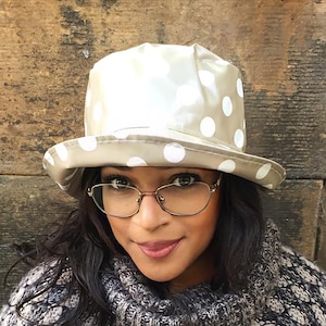 Fun Spotty Waterproof Bucket Hat, Latte Brown Dotty Women's Crushable Rainhat with Folding Brim, PVC Rain Hat Adjustable to Fit Small Heads!