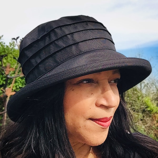 Fully Waterproof Black Rain Hat for Ladies Who Need to Stay Smart As Well As Dry!  Pretty Pleated Lightweight Style with Medium Brim