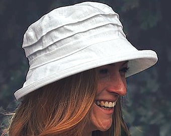 Simple White Travel Hat Ladies, Minimal 3 Tuck Style in Cool Linen with Neat Brim for Sun Protection, Classic Sun Hat in Neutral Shade