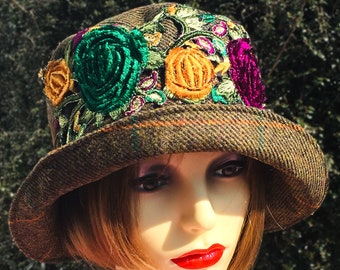 Small Brim Cloche Hat in 100% Tweed with Green & Plum Roses, Quirky Winter Hat with Colourful Applique Trim, Fun Flat Pack and Rainproof