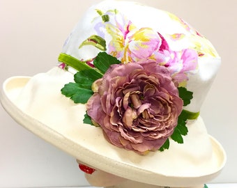English Ladies Summer Hat, 100% Cream Cotton Classic with Large Rose & Velvet Trim, Floral Holiday Hat, Country Garden Party, Wedding Guest