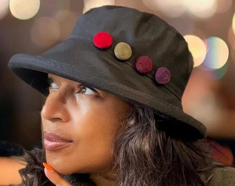 Cappello in cera ripiegabile in nero elegante con tesa larga per un'ottima protezione dalla pioggia, cappello da pioggia cerato completamente impermeabile completamente regolabile per adattarsi a TUTTE le teste!