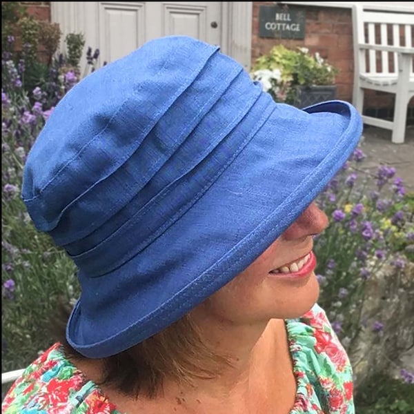 Women's Pure Linen Sun Hat, Adjustable to Fit Small Heads, In Easy to Accessorise Atlantic Blue Fabric, Washable & Crushable Practical Hat
