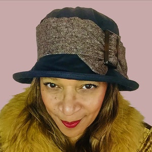 Foldable Waterproof Rain Hat in Smart Black Waxed Cotton With Stylish English Tweed Sash & Buckle, Adjusts to Fit All, Choice of Brim Size