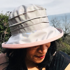 Pale Grey & Pink Waterproof Rain Hat, Feminine Wet Weather Fashion for All Heads, Adjustable and Foldable Lightweight Brimmed Showerproof