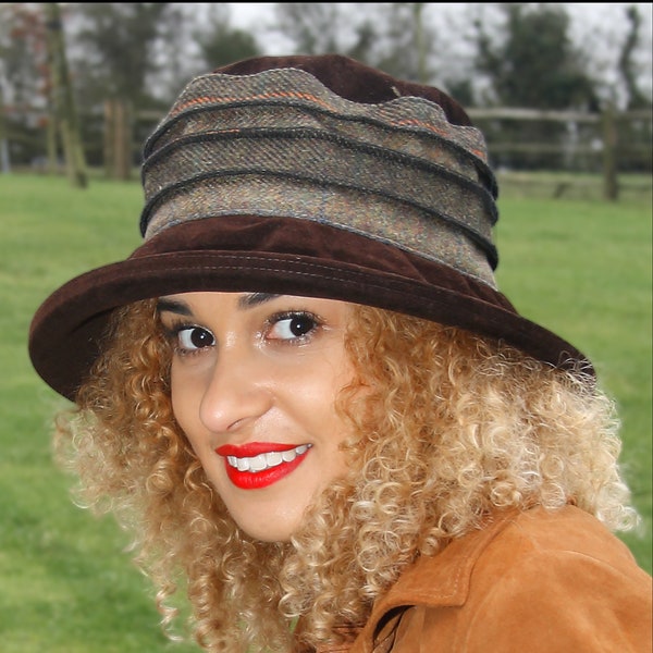 Fun Spring Autumn Stripy Hat in Soft Brown Suedette with Quirky Tweed Stripes, Velvet Look & Feel AND Rainproof Too! Foldable Packable Hat
