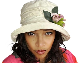 Vintage Romance Sun Hat with Neat Turn Up Brim, Downton Abbey Style Summer Hat, Handmade in England with 100%  Cream Cotton & Rose Trim