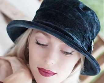 Navy Blue Cloche Style Downton Abbey Hat in Soft Showerproof Suedette, Sash & Button Trim, Smart Neat Small Brim, One Size Fits All Heads