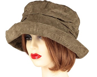 Khaki Green Soft Brimmed Fashion Cloche Hat for Women, Velvety Autumn/Fall & Winter Fashion, Rainproof Vintage Style Hat, One Size Fits All