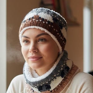 Pode incluir: Um conjunto de gorro e gola de malha. O gorro e a gola apresentam um padrão geométrico em castanho, branco e cinzento. A gola tem um interior branco e fofo. A pessoa está a usar uma camisa creme de mangas compridas.