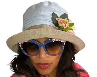 Vintage Style Ladies Summer Downton Abbey Hat, 100% Blue Linen Crown & Turn Up Linen Brim, Romantic Pink Floral Country Roses Trim