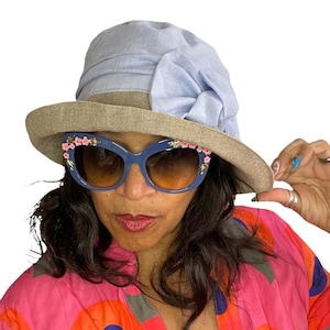 Romantic Picnic Summer Hat Handmade with Lightweight Blue Cotton Crown & Shady Turn Up Linen Brim, Downton Abbey Style Hat with Bow Trim