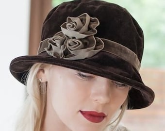 Smart Downton Style Cloche Hat, 1920s Inspired Ladies Formal Hat, Vintage Look Handmade Hat in Rainproof Suedette, Chic Velvet Rosette Trim