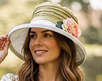 Sombrero de verano estilo Laura Ashley, sombrero de sol de calidad, mezcla de algodón y lino, moda vintage en verde oliva con ribete floral de rosas.