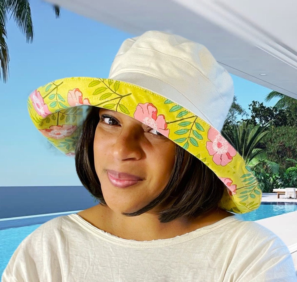 Cream and Pink Wide-Brimmed Sun Hat Cream Wide Brim Sun Hat with Green & Pink – The Loft Home main image 4