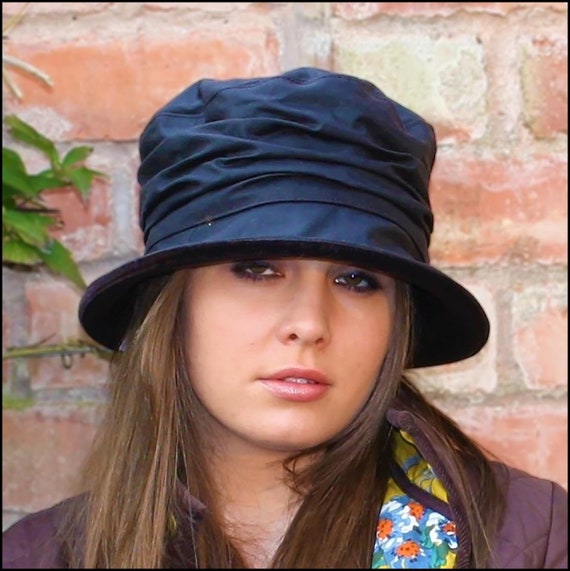 Women's Black Waxed Rain Hat with Wide Brim \u0026 High Pleated Crown, Smart Velvet Trim, Stylish Packable Wax Hat, Town and Country Waterproof