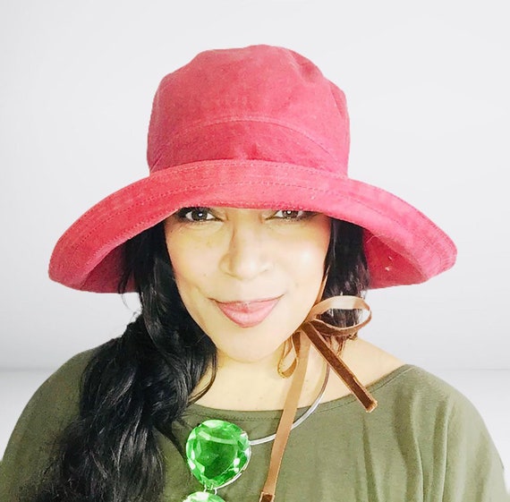 Red Waxed Waterproof Rain Hat, Extra Wide Gutter Brim for  display picture 1