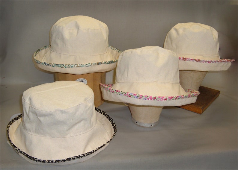 Washable and Packable for Easy Travel Cool Cream 100/% Cotton Sun Hat with Soft Wide Brim /& Blue Paisley Ribbon Trim Fits Small Heads Too!