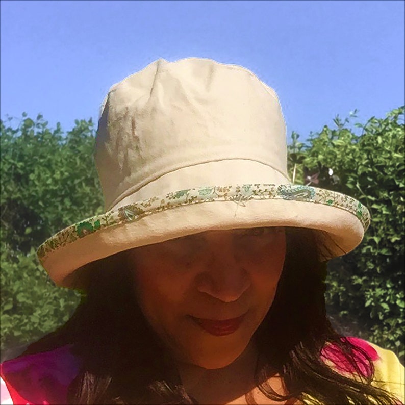 Washable and Packable for Easy Travel Cool Cream 100/% Cotton Sun Hat with Soft Wide Brim /& Blue Paisley Ribbon Trim Fits Small Heads Too!
