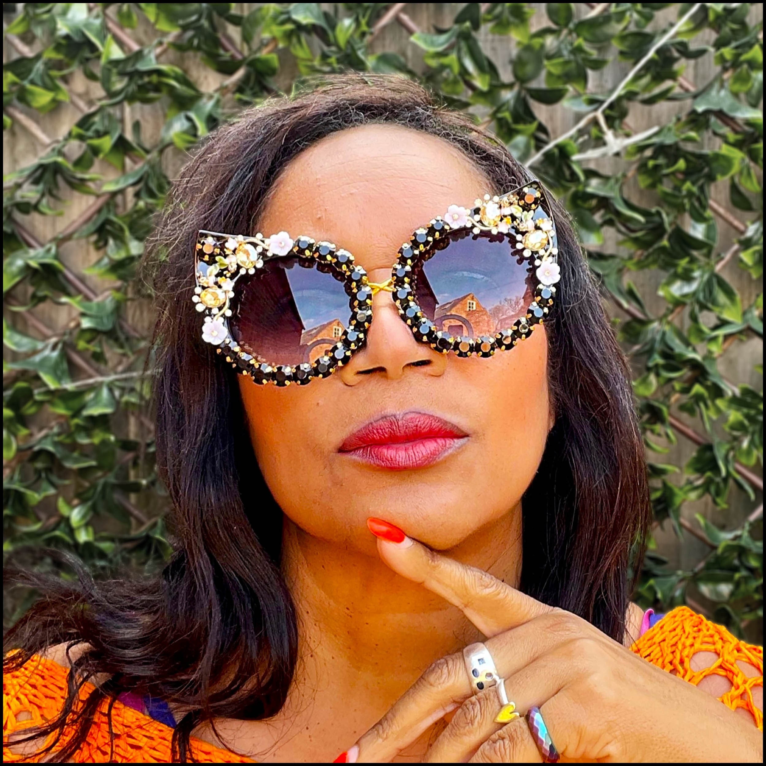 Black Embellished Cats Eyes Sunglasses Oversize Eyewear Etsy