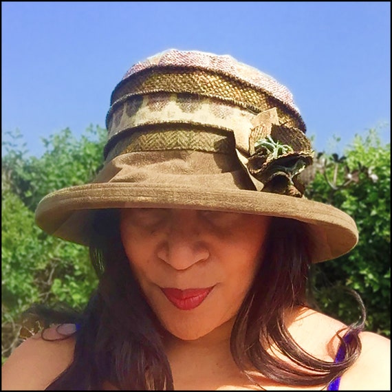 Olive Green Tweed Striped Hat for Spring & Autumn, Velvet Soft Rainproof Fabric with Quirky Stripes, Foldable + Packable, One Size Fits All