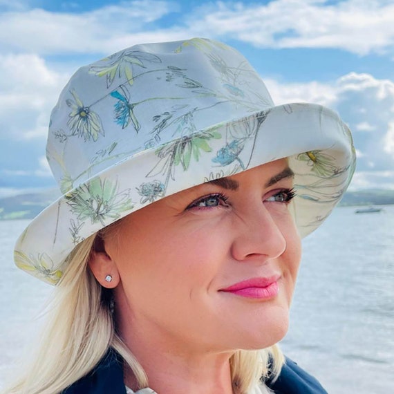 Blue Flower Waterproof Bucket Hat for Ladies Fun Floral Pattern Foldable Off white Rainhat With Wide Brim Adjustable to Fit Small Heads Etsy UK