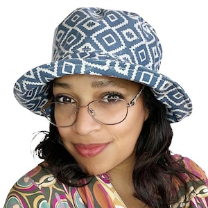 Aztec Pattern Waterproof Bucket Hat, Blue & White Geometric Crushable Rainhat with Folding Brim, PVC Rain Hat Adjustable to Fit Small Heads!