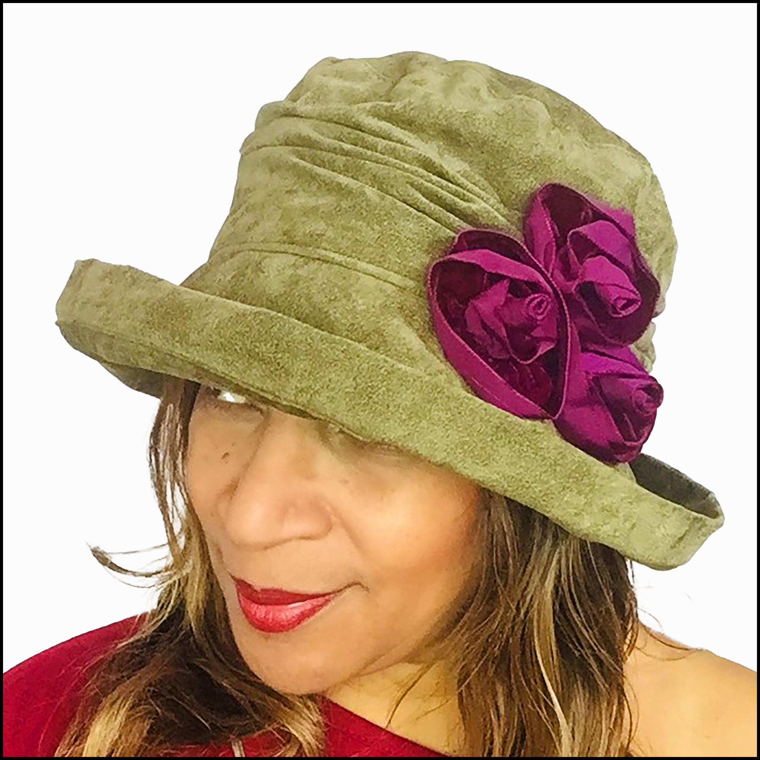 Olive Green Ruched Hat in Velvet-like 