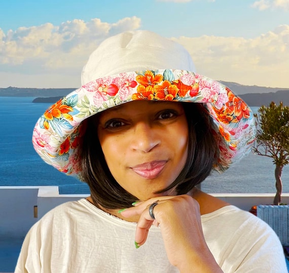 Light Cream Cotton Sun Hat With Summer Florals Big Brim  display picture 1