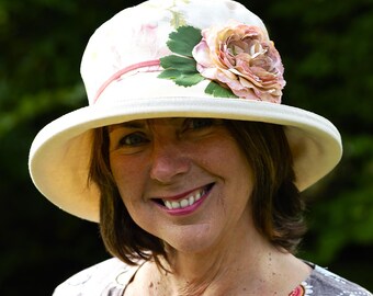 English Ladies Holiday Hat, 100% Cream Cotton with a Tropical Floral Print on Crown, Rose Summer Hat, Country Garden Party, Wedding Guest