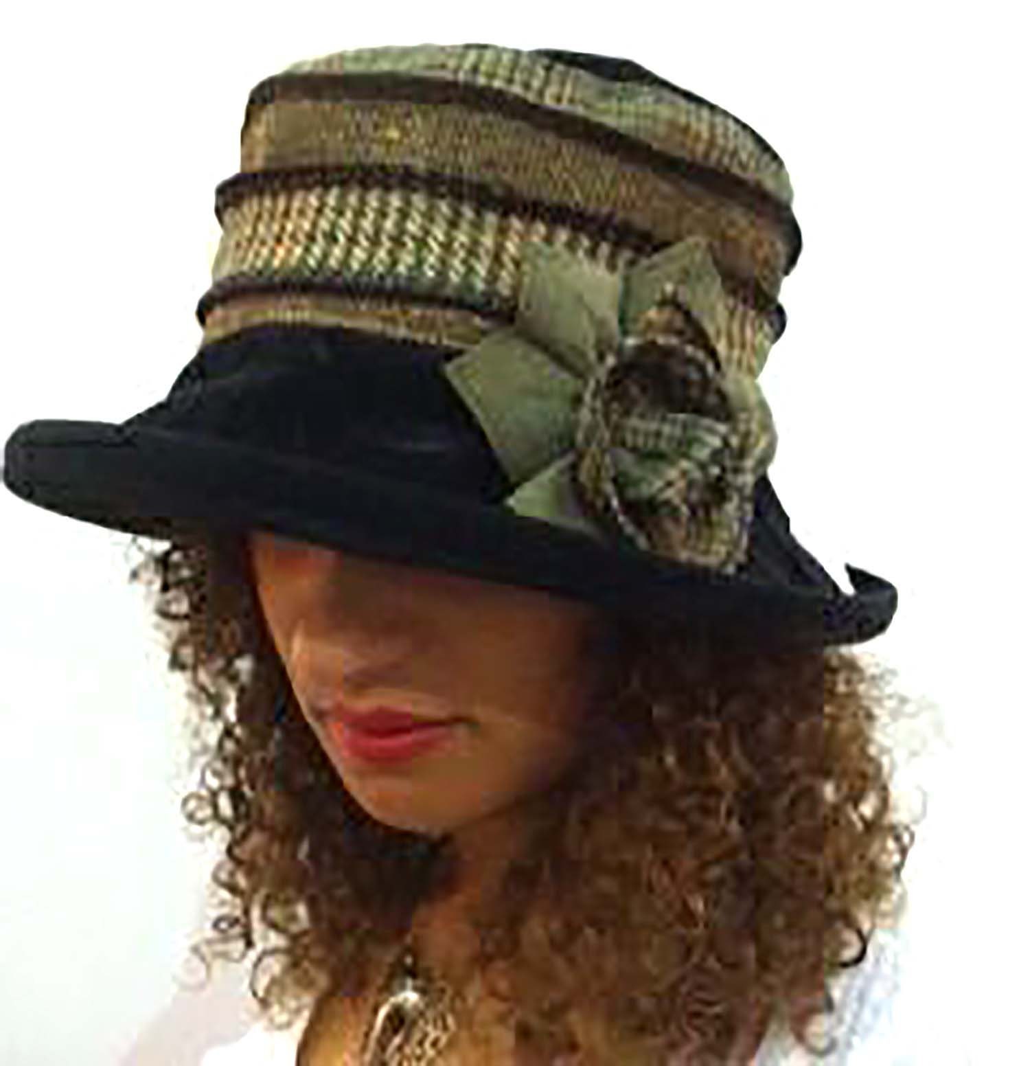 Fun Spring Autumn Stripy Hat in Soft Black Suedette, Velvet Look & Feel AND Rainproof Too! Quirky Tweed Patch Stripes, Folding Crushable Hat