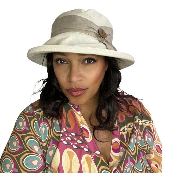 Elegant Cream Cotton Sun Hat for Women, Beige Sash  display picture 1