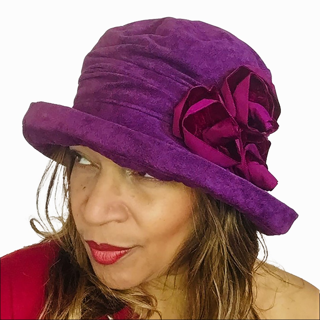 Vibrant Purple Vintage Style Cloche Hat With Burgundy Rose Trim, Warm ...