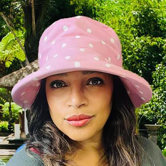 Rose Pink Polka Dot Sun Hat, Cool Cotton Spots Fabric  display picture 3