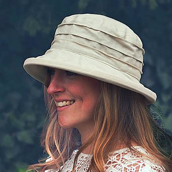 Neutral Beige Travel Hat Womens, Simple 3 Tuck Style in Cool Linen
