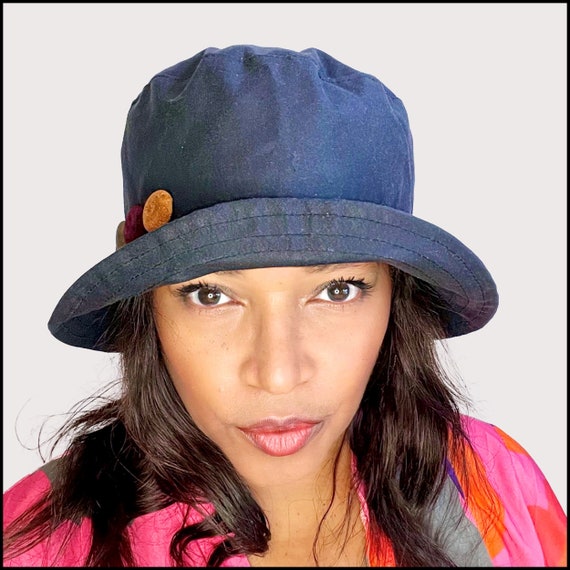 Navy Waterproof Wax Hat for Women, Practical Stylish Blue Bucket Hat, Small  Brim Rain Hat With Colourful Button Trim, Adjusts for All Heads -  Hong  Kong