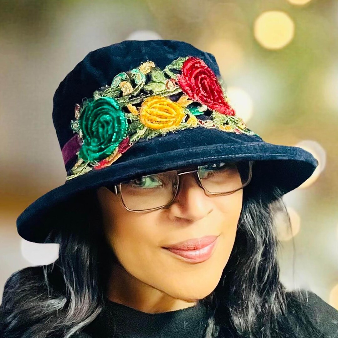 Vintage Inspired Navy Blue Hat With Floral Embroidery 