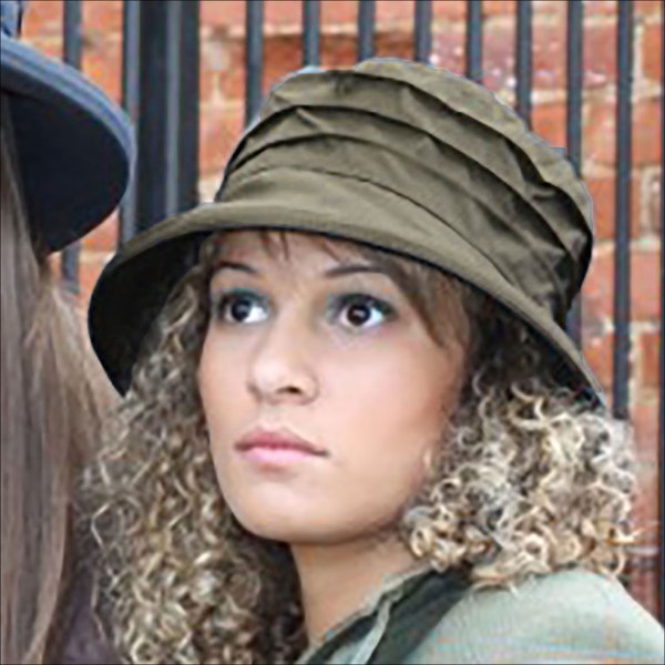 Waterproof Green Women's Waxed Rain Hat, Practical & Stylish Working and Walking Wax Rainhat, Adjustable to Fit Small or Large Head Sizes