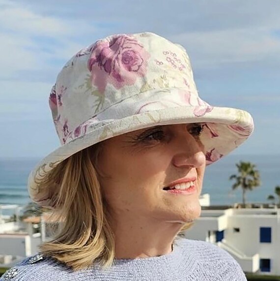 Pink Floral Cotton Sun Hat, Handmade Summer Travel Hat 