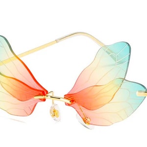 Delicately Pretty Butterfly Wing Sunglasses, Oversize Shades in Pink Yellow + Blue, Frameless Festival Fashion, Stylish Beach Sunnies 046