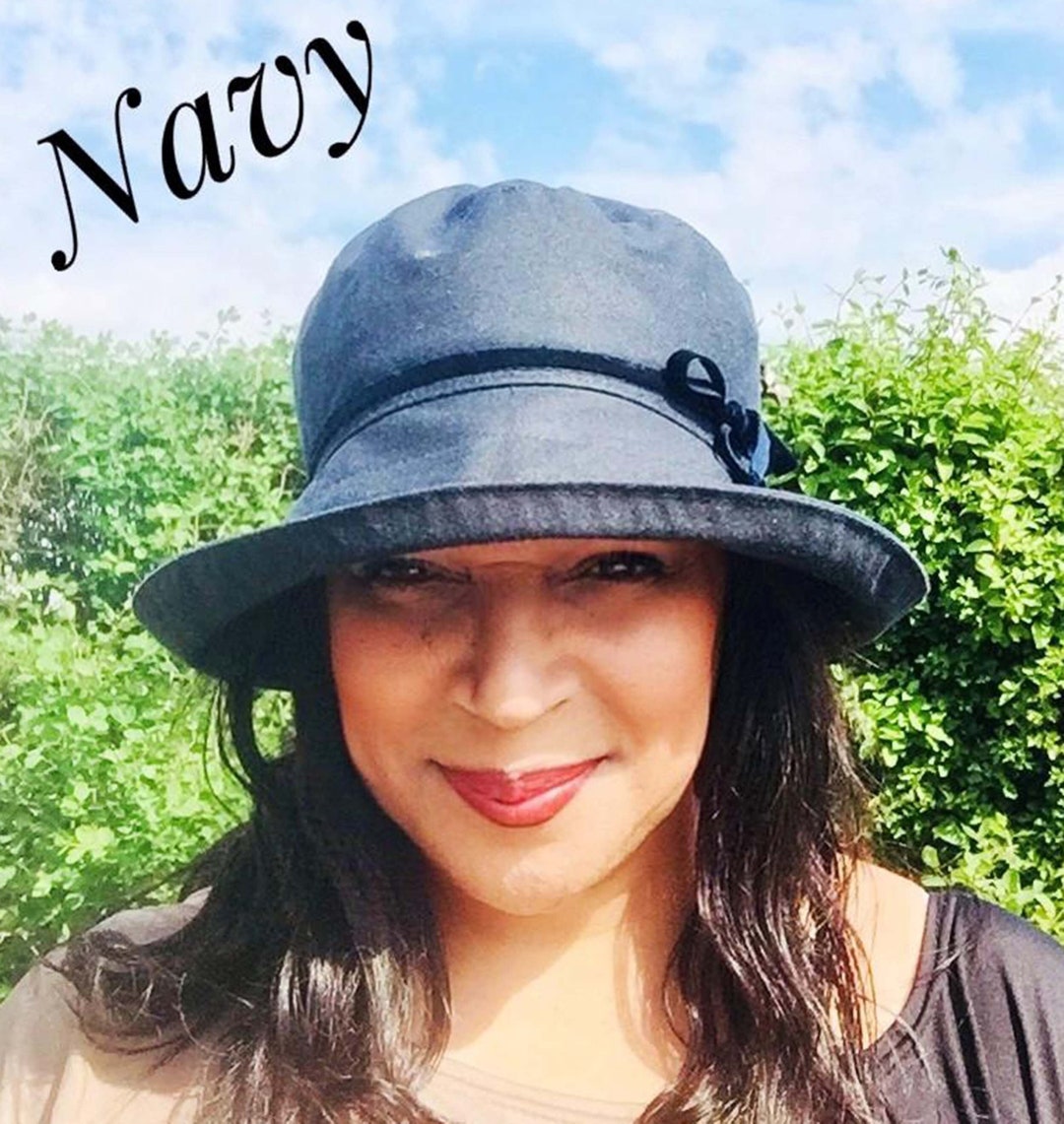 Women's Waxed Rain Hat in Smart Navy Blue & Waterproof Velvet Ribbon