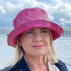 Waterproof Bucket Hat in Colourful Petunia Pink, Womens Crushable Rainhat with Folding Brim, PVC Rain Hat Adjustable to Fit Small Heads Too!