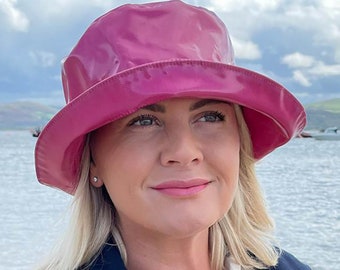 Waterproof Bucket Hat in Colourful Petunia Pink, Womens Crushable Rainhat with Folding Brim, PVC Rain Hat Adjustable to Fit Small Heads Too!
