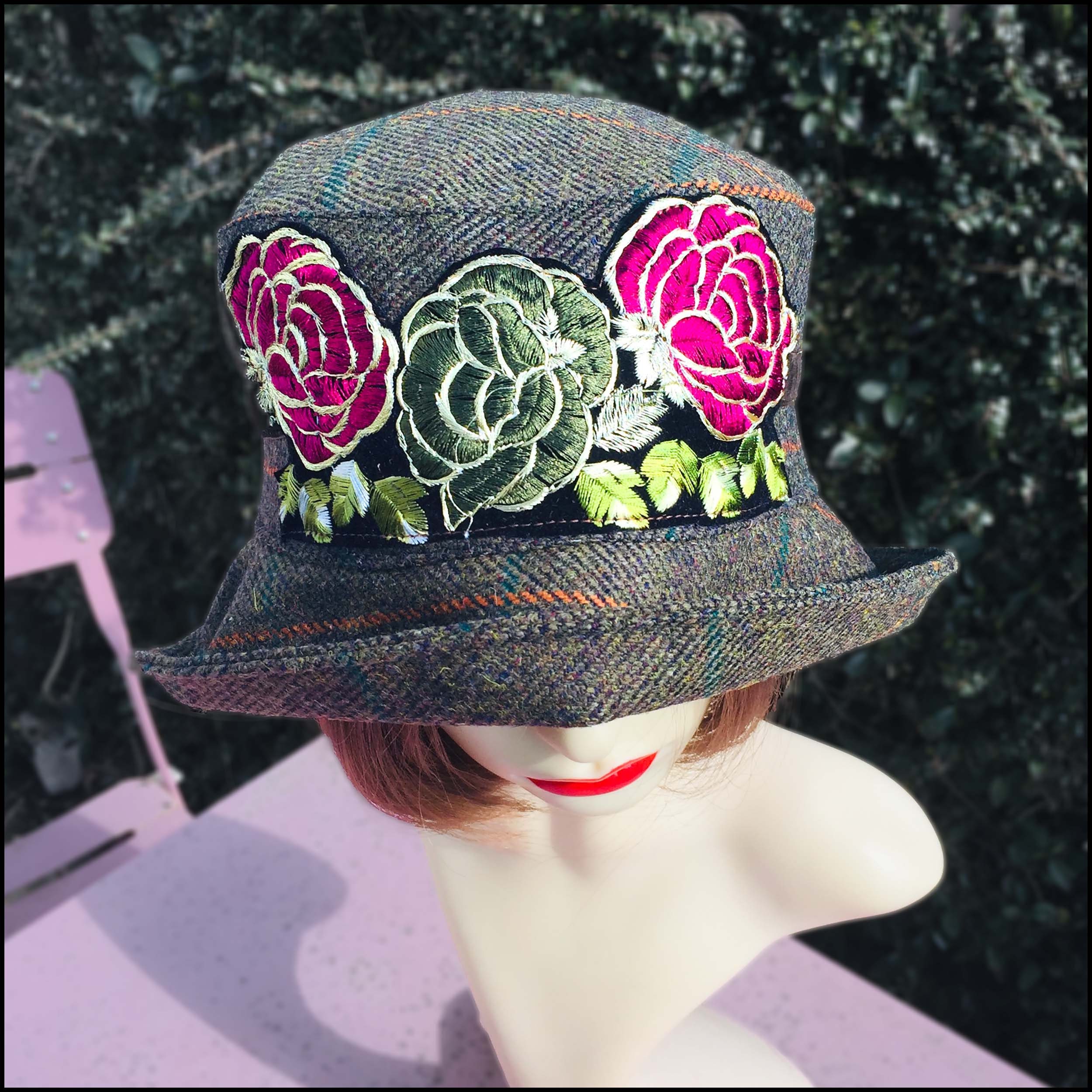 Quirky Winter Tweed Hat With Floral Roses Applique Trim  display picture 2