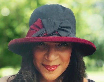 Black &  Burgundy Waxed Rainhat, Glamorous Rainproof All Year Round Hat, Packable Crushable Travel Rain Hat, Gift for Her, One Size Fits ALL