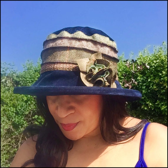 Navy Blue Tweed Striped Hat for All Year Round, Velvety Soft Rainproof Fabric with Quirky Stripes, Foldable + Packable, One Size Fits All